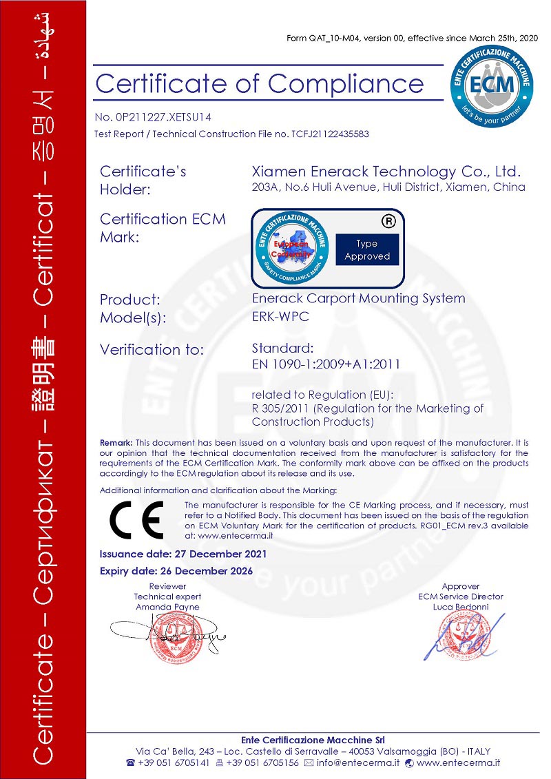 Сертификат CE за система за монтиране на навес за кола Enerack